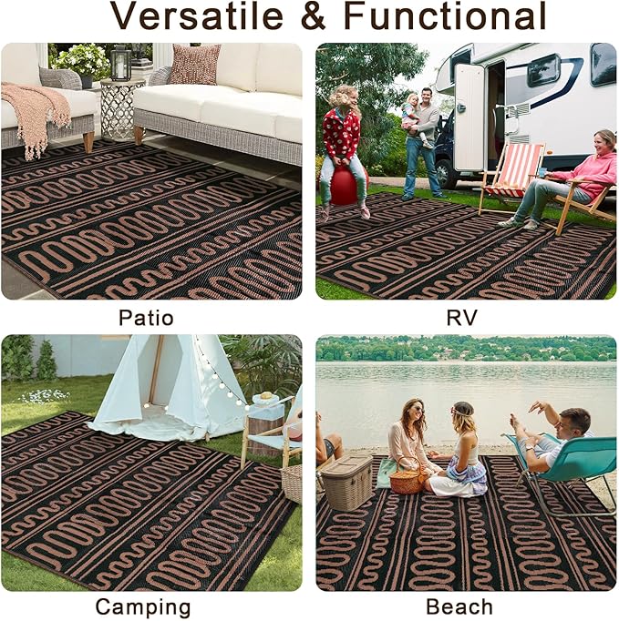 Beeiva Outdoor Rug 8x10 Patio Waterproof, Reversible 8x10 Outdoor Rug for Patio, Washable Outdoor Plastic Straw Rug for Deck, Balcony, Backyard, Porch, Camping, Picnic - Black/Brown