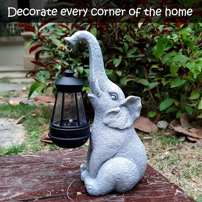 Elephant Solar Garden Statues,Resin Elephant Figurine Decorations with Solar Lights Lantern, Outdoor Elephant Decor Art for Lawn,Yard, Unique Housewarming Gift for Garden Home, VY-0617