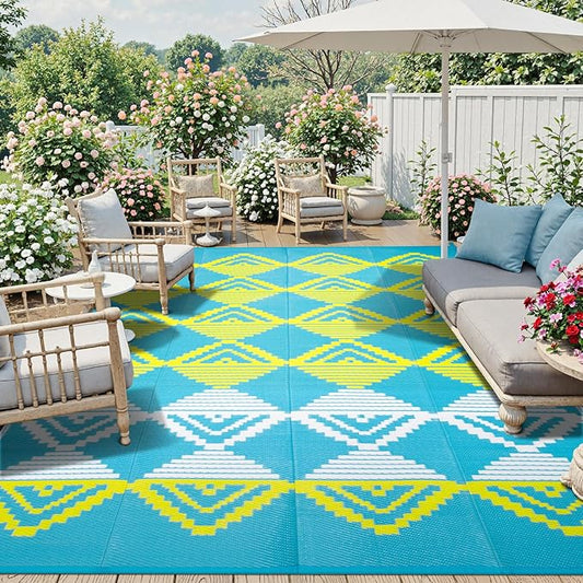 Beeiva Outdoor Rugs 9x12 for Patios, Waterproof Reversible Plastic Straw Patio Mat, Modern Geometric Foldable Outdoor Rug for Camping, Porch, Deck, Backyard, Balcony, Picnic - Blue & Yellow