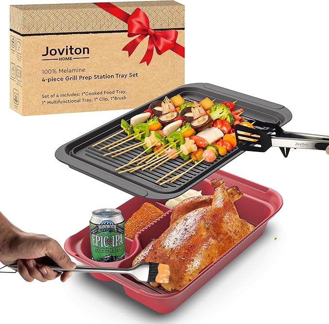 4PCS Melamine Grill Prep Station Tray Set, Outdoor BBQ Grill Station Accessories for Raw and Cooked Food, BBQ Grill Tools Added