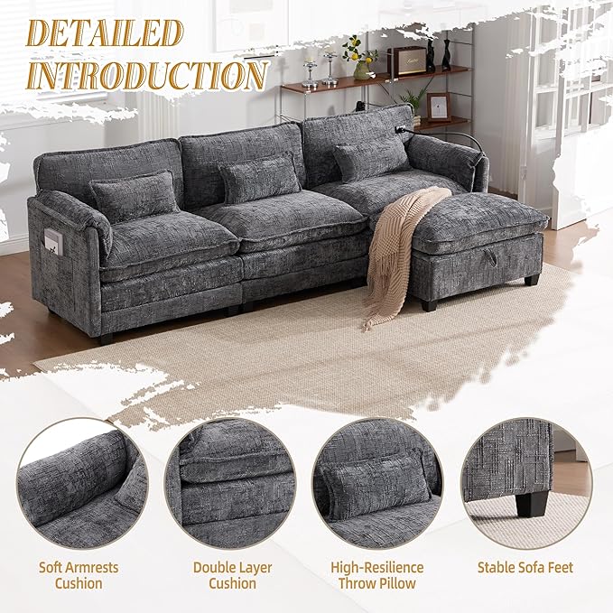 KEIKI 110" L-Shaped Boucle Modular Sectional Chenille Sofa with 1 Ottoman & Memory Foam Cushion & Phone Holder & USB, Upholstered Modern Oversized 4-Seater Couch, Easy Assembly, for Living Room, Gray