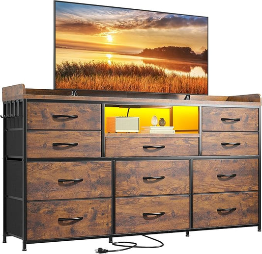 Dresser TV Stand with 11 Drawers for 60" TV Stand for Bedroom with LED Lights & Power Outlets Long Dresser for Bedroom with Shelves & 4 Hooks, Sturdy Metal Frame & Thick Wood Top, Rustic Brown