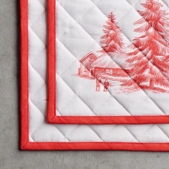 Maison d' Hermine Pot Holders Set 100% Cotton Heat Resistant Potholders 8" x 8" Hot Pads with Loop for Thanksgiving Christmas Decorations BBQ Cooking Baking Handling Hot Pans (Pack of 2, Winter Jouy)