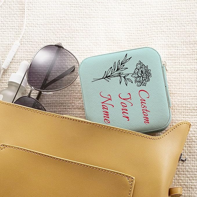 Personalized Jewelry Boxes for Women, Custom Travel Jewelry Case with Name and Birth Flower Month, Portable Jewelry Box Organizer for Mom Birthday Gifts (Blue Customizable)
