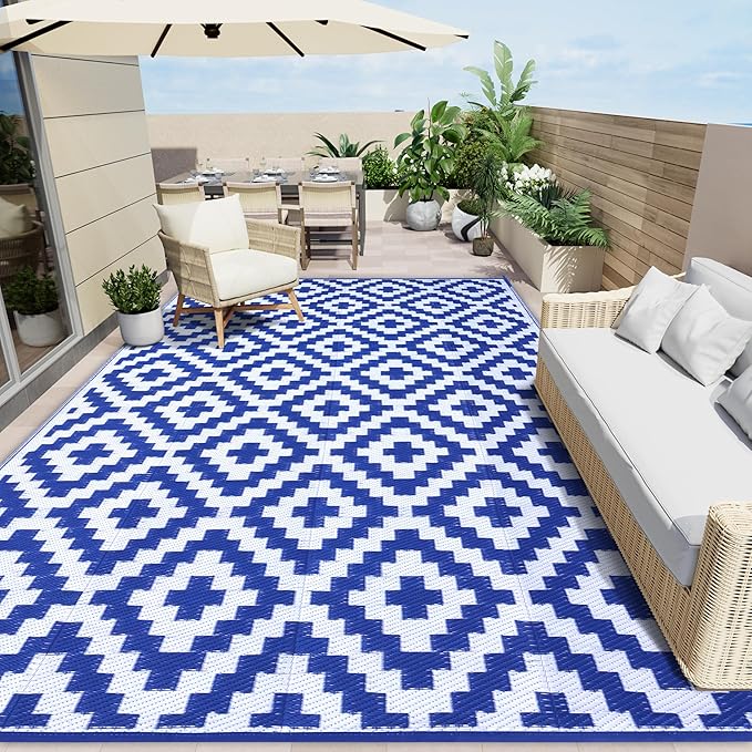 OLANLY Waterproof Outdoor Rug 8x10 ft, Outdoor Plastic Straw Rug for Camping, RV Mat Outside, Outdoor Carpet for Porch, Deck, Backyard, Balcony, Picnic, Blue & White