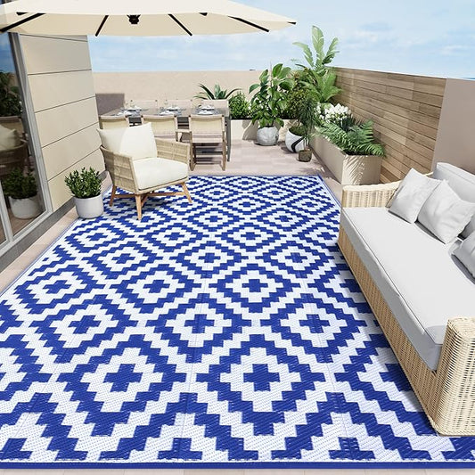 OLANLY Waterproof Outdoor Rug 9x12 ft, Outdoor Plastic Straw Rug for Camping, RV Mat Outside, Outdoor Carpet for Porch, Deck, Backyard, Balcony, Picnic, Blue & White