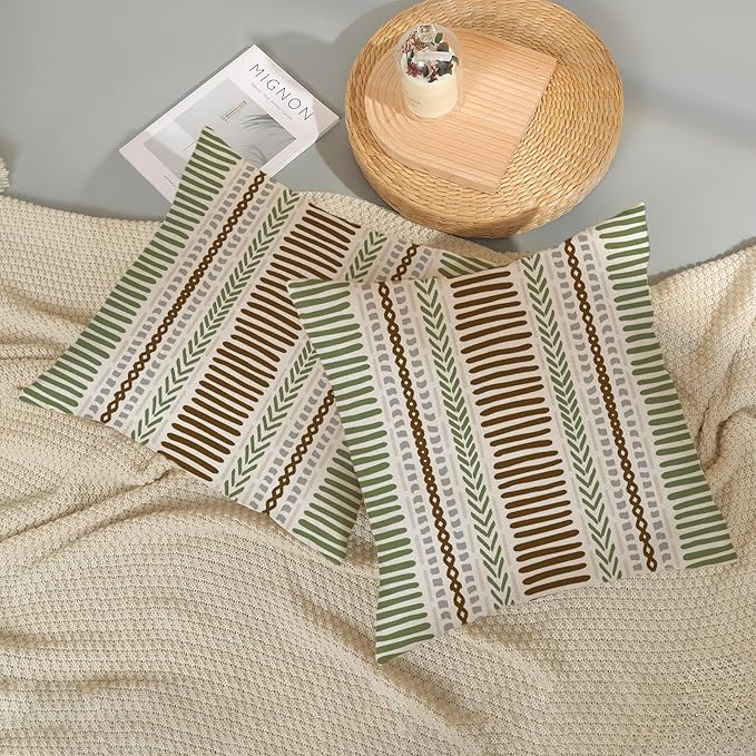 Boho Pillow Covers 18x18 Set of Brown Sage Green Stripes Throw Pillow Covers Outdoor Decoration,Abstract Modern Bohemian Farmhouse Linen Decorative Cushion Cover for Home Sofa Couch