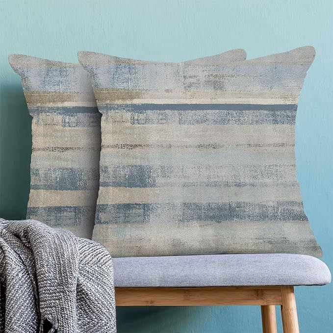 Boho Blue Grey Stripe Throw Pillow Covers 16x16 Inch Set of 2, Rustic Abstract Decorative Throw Pillow Covers Retro Stripe Linen Outdoor Cushion Cover for Sofa Couch Farmhouse Room Bed Decor