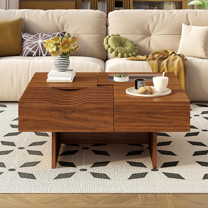 WILLIAMSPACE 33" Square Coffee Table with 3 Drawers, Modern Unique Wooden Center Table with Tempered Glass and Solid Wood Legs, Storage Accent Side End Table for Living Room Apartment, Walnut