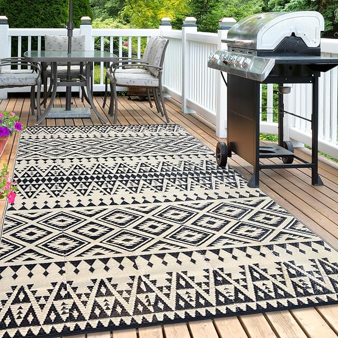 Waterproof Outdoor Rug 6x9ft, Bohemia Reversible Plastic Straw Mat for Patio RV Deck Porch Backyard Balcony Camping Picnic Beach Indoor Outdoor Carpet, Black&Beige