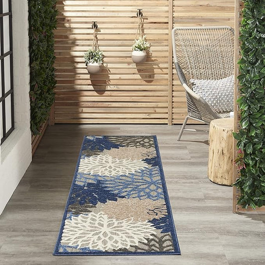 Nourison Aloha Indoor/Outdoor Blue/Multicolor 2' x 6' Area Rug, Tropical, Botanical, Easy Cleaning, Non Shedding, Bed Room, Living Room, Dining Room, Deck, Backyard, Patio (2x6)