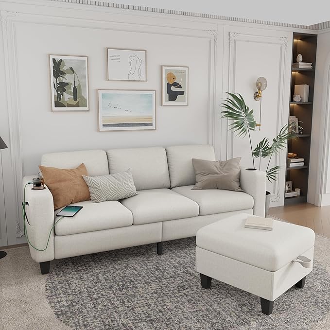 Sectional Sofa Couches for Living Room - 78'' Beige 3 Seat L-Shaped Couch with USB+Type C Port and 2 Cup Holder, Modern Linen Convertible Sectionals Sofas with Storage Ottoman for Apartment