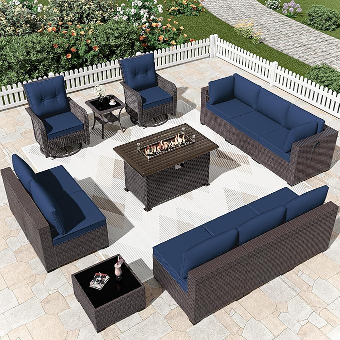 Kurapika 13 Pieces Patio Furniture Set, Rattan Wicker Outdoor Conversation Sets w/43in Propane Fire Pit Table, Swivel Rocking Chairs Patio Sectional Sofa w/4 Inch Cushion, Navy Blue