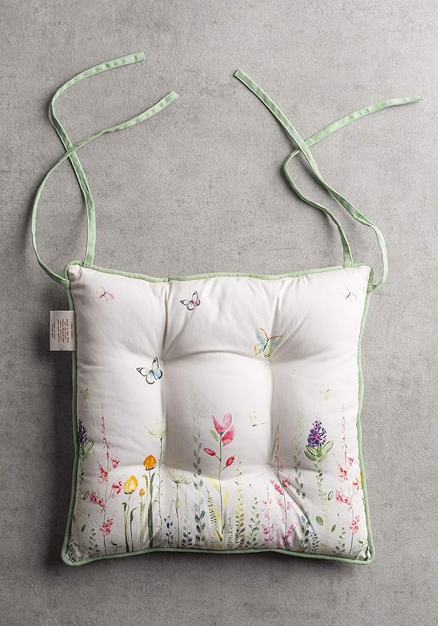 Maison d' Hermine Chair Pads for Dining Chairs Cotton Outer Fabric and Poly Filling 16"x16" Patio Seat Cushions for Furniture with Ties Home Chair Farmhouse (Botanical Fresh - Placed, Pack of 2)