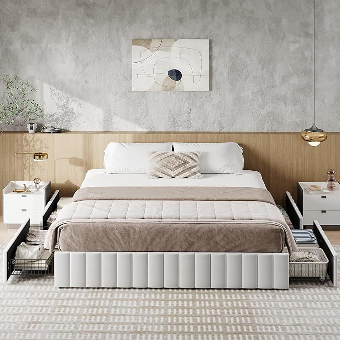 Allewie King Size Platform Bed Frame with 4 Large Storage Drawers, Velvet Vertical Channel Tufted Upholstered Bed Base, Wooden Slats Support, Noise-Free, No Box Spring Needed, Easy Assembly, White