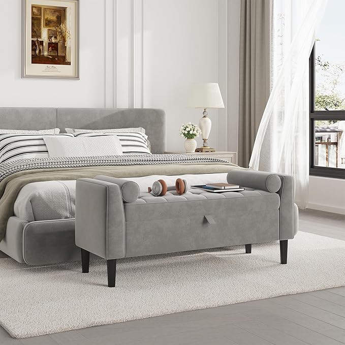 46.5" Storage Ottoman Bench – Upholstered End-of-Bed Storage Chest with Rolled Armrests & Wood Legs, Entryway Shoe Bench and Footrest Seat for Hallway, Bedroom & Living Room& Walk-in Closet (Gray)