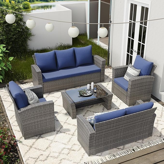 Wisteria Lane 5 Piece Patio Furniture Set, Wicker Outdoor Patio Conversation Furniture Set, All Weather Outdoor Patio Sofa with Cushion and Glass Table, Blue