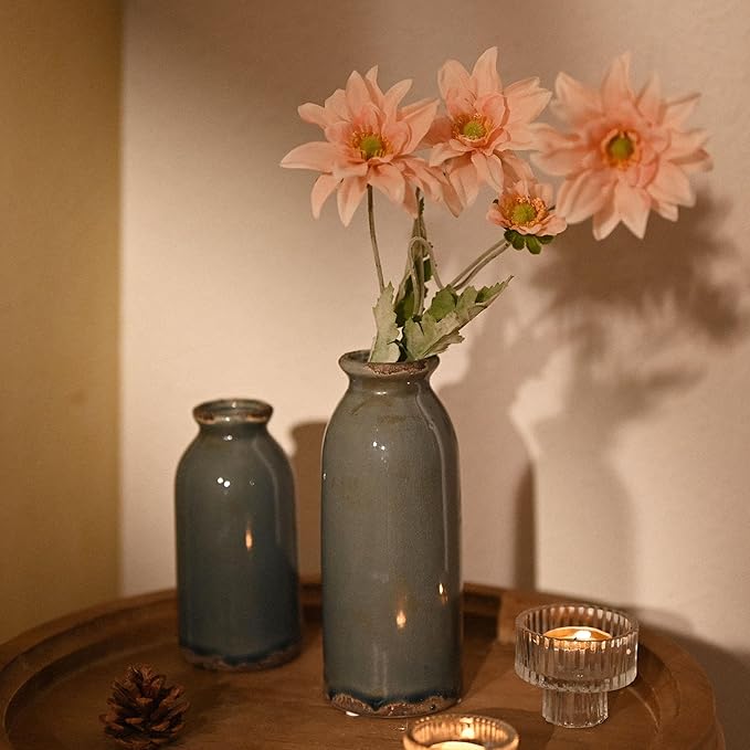 VICTOR & TERESA Blue and Grey Ceramic Vase Home Decor, Farmhouse Vases for Flowers, Flower Vase Set of 2, Rustic Decorative Vases for Pampas Grass, Table, Living Room, Shelf, Centerpieces, 8 inch