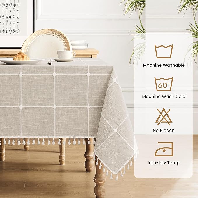 puredown® Plaid Rectangle Tablecloth, Waterproof Cotton Linen Tablecloth with Tassel, Rustic Farmhouse Table Cloths for Kitchen Dining Outdoor, 55"x70",4-6 Seats, Coffee