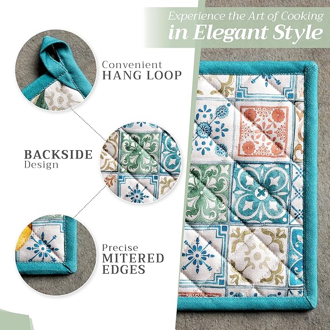 Maison d' Hermine Pot Holders Set 100% Cotton Heat Resistant Potholders 8" x 8" Hot Pads with Loop BBQ, Cooking, Baking, Grilling, Kitchen, Handling Hot Pans Spring/Summer (Pack of 2, Agrume)