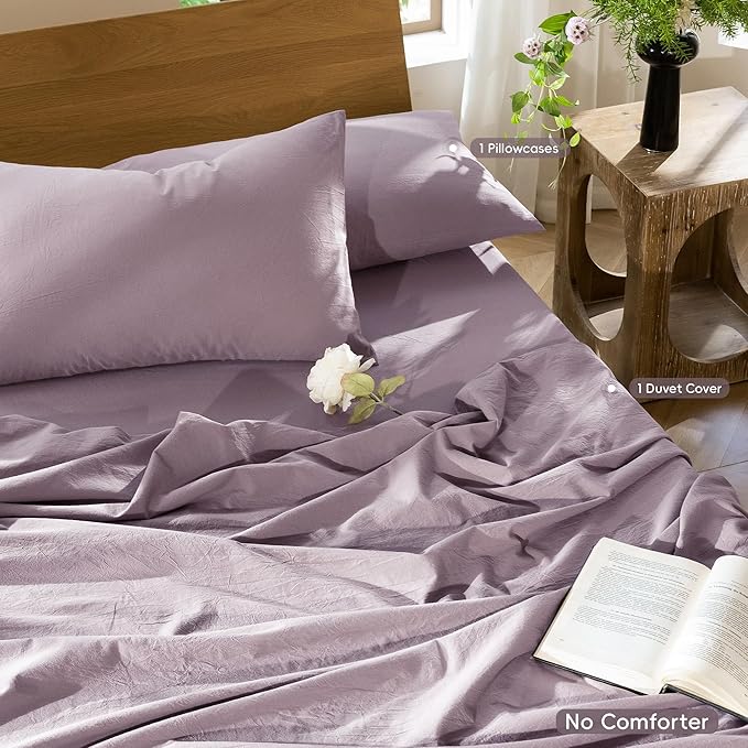 MooMee Bedding Duvet Cover Set 100% Washed Cotton Linen Like Textured Breathable Durable Soft Comfy (Solid Taro Purple, Twin 68"x90")