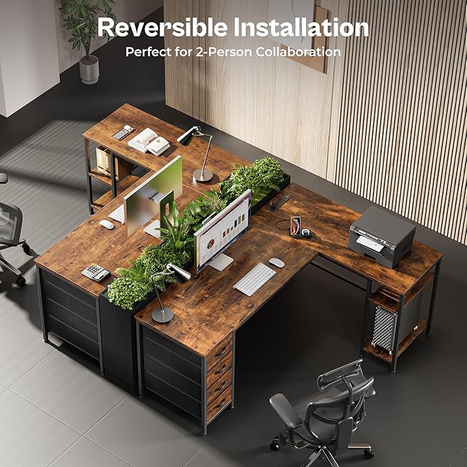 Huuger 55 Inch L Shaped Desk with Fabric Drawers, Reversible Computer Gaming Desk with Power Outlets and USB-C Port, Adjustable Side Storage Shelves, for Work Study Corner Home Office, Rustic Brown