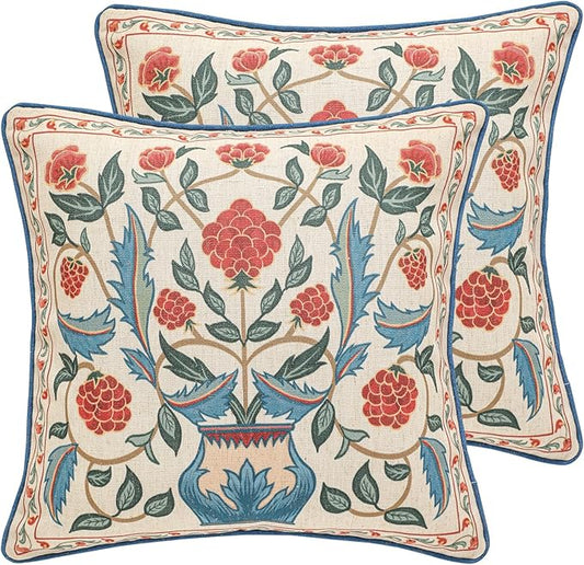 patdrea Designer Throw Pillow Covers Set of 2,Square Brilliant Vintage Red Tropical Linen with Floral Pattern Pillow Cover,Decorative Pillowcases Cushion for Bed Living Room Outdoor Car,18"x18"