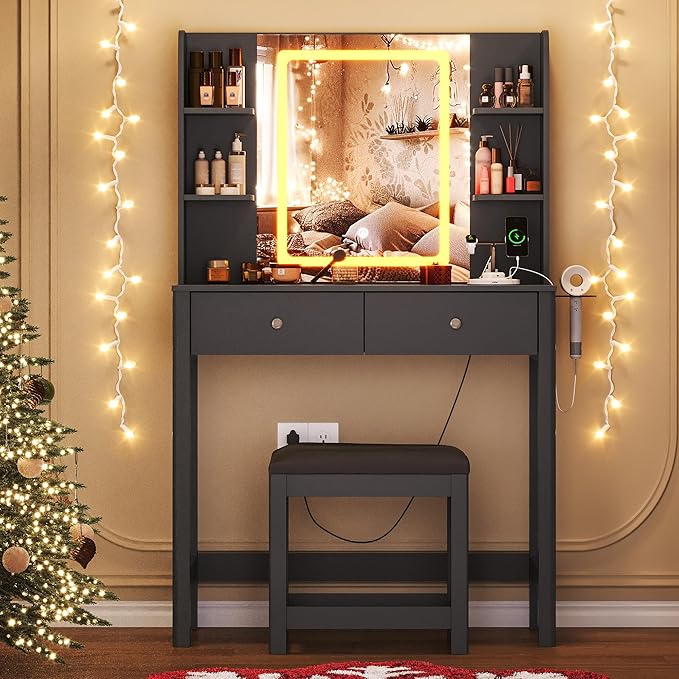 Vanity Desk with Mirror and LED Lights, Small Makeup Vanity Table Set with Drawers and Chair, Dressing Table with Power Outlet for Girls Bedroom, Black