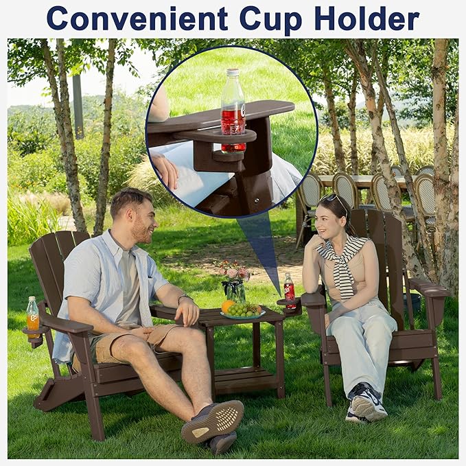 Plawdlik Folding Adirondack Chair Set of 4, Cup Holder，Wooden Textured ，Heavy All-Weather HDPE Comfortable Set Poolside Backyard Lawn Coffee