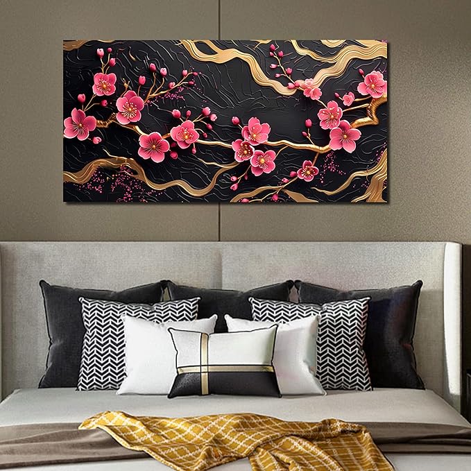 CANEITO Flower Wall Art for Bedroom, Plum Blossom Tree Canvas Wall Decor for Living Room, Red Black and Gold Picture Print Artwork for Office, Size 40 x 20 Inches