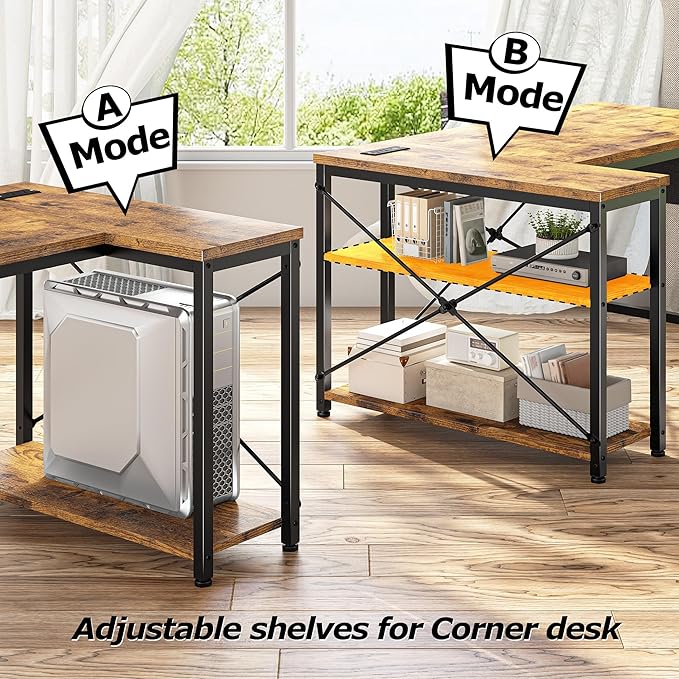 EnHomee Small Computer Desk with Storage Shelves & Side Bag, 40 Inch L Shaped Gaming Desk with Power Outlets, Corner Desk Study Writing Table for Home Office Bedroom Living Room, Brown