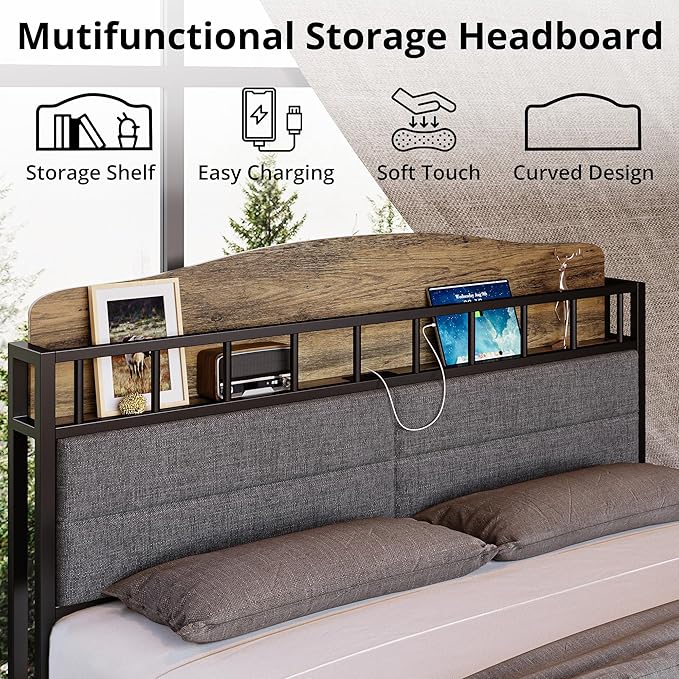 LIKIMIO Queen Bed Frame with Guardrail & Bedside Caddy, Multifunctional Headboard with Charging Station, Durable Metal Platform Bed, Noise-Free, No Box Spring Needed, Black