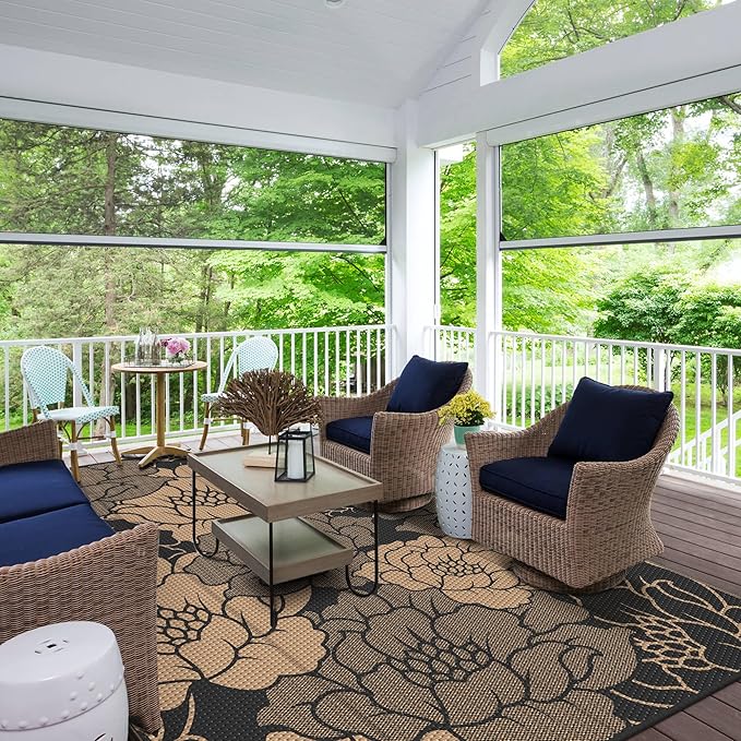 GENIMO Outdoor Rug Waterproof for Patio Decor, 9' x 12' Reversible Plastic Straw Floral Camping Carpet, Large Area Rugs Mats for RV, Camper, Deck, Balcony, Porch, Beach, Picnic, Mix-Black & Brown