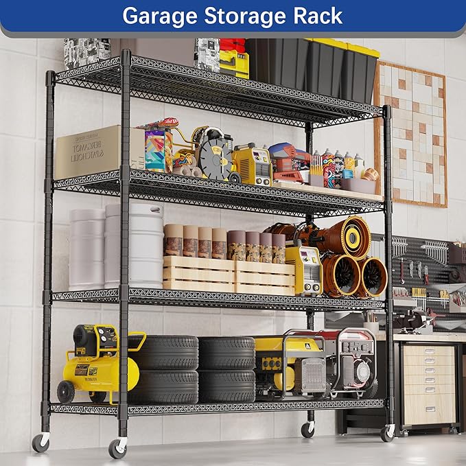 REGILLER 4-Wire Shelf Adjustable Heavy Duty Storage Shelves, Metal Organizer Wire Rack for Laundry Bathroom Kitchen Pantry Closet Garage Shelving with Wheel(Black,24" Dx59.6 Wx72.2 H)