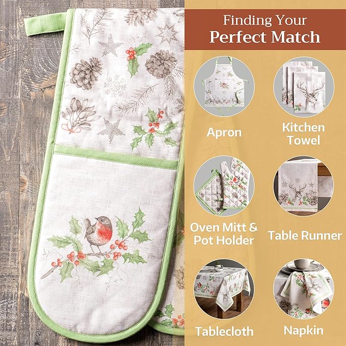 Maison d' Hermine Double Oven Mitt (7" x 35") 100% Cotton Heat Resistant BBQ Cooking Gloves with Loop for Thanksgiving Christmas Decorations Baking Cooking Barbeque Handling Hot Pan (Christmas Dew)