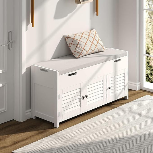 ChooChoo 41.3" Shoe Storage Bench with Lift Top Storage, Entryway Bench with Cushioned Seat, Adjustable Shelf, Shoe Cabinet with Hidden Space, for Entryway, Bedroom, Living Room, White