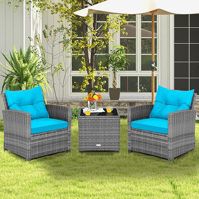 Tangkula 3 Pieces Patio Furniture Set, Outdoor PE Rattan Conversation Chair Set with Tempered Glass Side Table and Removable Cushions, PE Wicker Chairs and Table Set for Porch, Balcony and Garden