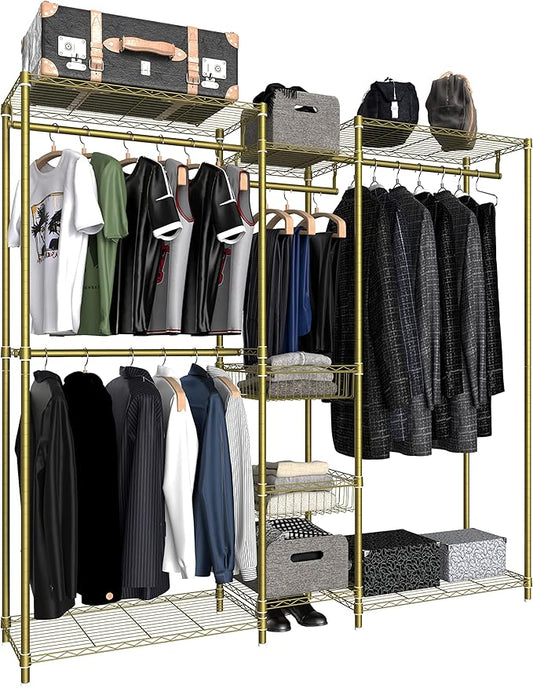 XIOFIO 6 Tiers Heavy Duty Garment Rack,Clothing Storage Organizer, Metal Clothing Rack,Clothing Rack with Hanging Rod,Adjustable Shelf and Fixed Baskets,60.7"L x 15.7"W x 70.5"H Max Load 720LBS,Gold