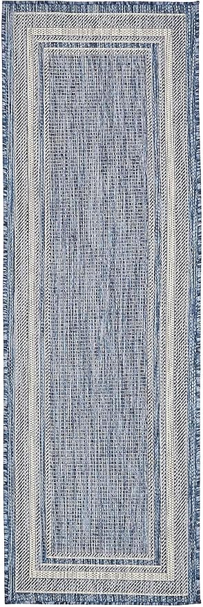 Unique Loom Outdoor Border Collection Area Rug - Soft Border (2' x 6' 1" Runner, Blue/ Ivory)