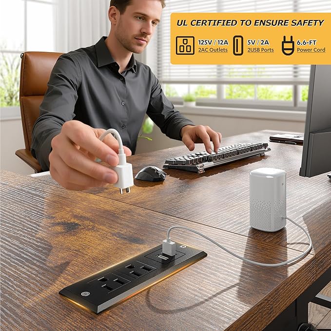 EnHomee Small Computer Desk with Storage Shelves & Side Bag, 40 Inch L Shaped Gaming Desk with Power Outlets, Corner Desk Study Writing Table for Home Office Bedroom Living Room, Brown