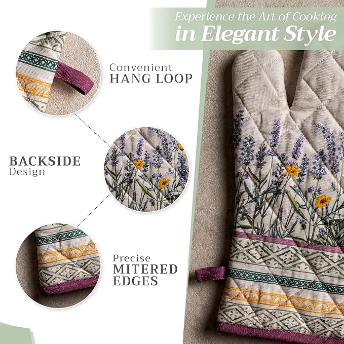 Maison d' Hermine 100% Cotton Oven Mitt & Pot Holder Set (7.5"x13" & 8"x8") Heat Resistant BBQ Cooking Gloves with Loop, Baking, Grilling, Kitchen, Handling Hot Pans Spring/Summer (Fanny Lavender)