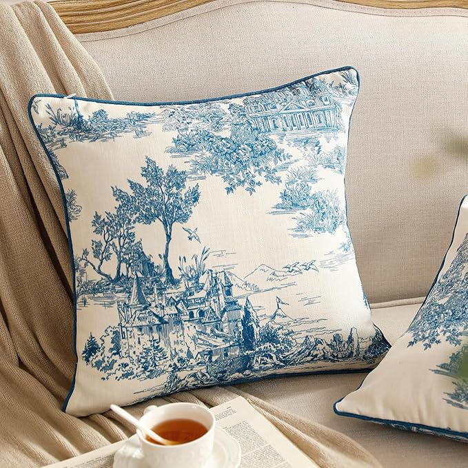 patdrea Designer Square Throw Pillow Covers Set of 2,Rustic Linen with Chinoiserie Blue Scenery Pattern Pillows Cover,Decorative Pillowcases Cushion for Bed Living Room Outdoor Car,18 x18 Inches