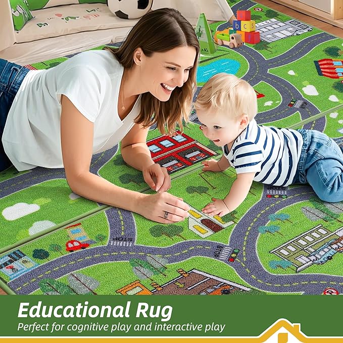 BEQHAUSE Kids Play Mat 2pcs, Green City Traffic Road Kids Room Rug Great for Playing with Cars, 32”x60” Play Area Rug Car Rugs for Children's Bedroom, Toddler Classroom and Baby Playroom