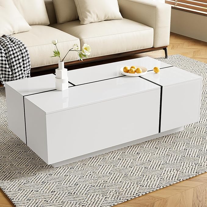 Modern High Gloss Coffee Table with Hidden Storage Space, 47.2-Inch Wooden Extending Top Center Table with Drawers for Living Room, White
