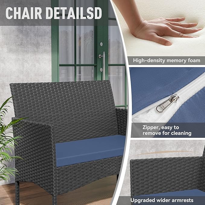 Kurapika Patio Furniture Set 4 Pieces Outdoor Wicker Rattan Chairs Conversation Sets w/Coffee Table, Rocking Bistro Set, for Patio Backyard Lawn (Navy Blue)