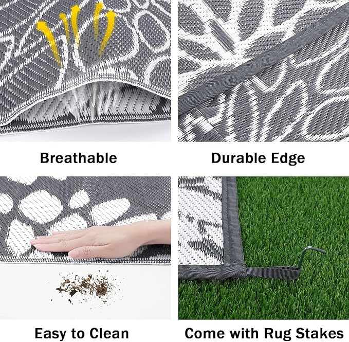 Ileading Reversible Outdoor Rug 8x10Ft Waterproof Patio Rug Carpet Portable Outdoor Plastic Straw Rug Large RV Camping Mat Rug for Patio, Clearance, Deck, Beach, Porch, Camping, Picnic, Grey