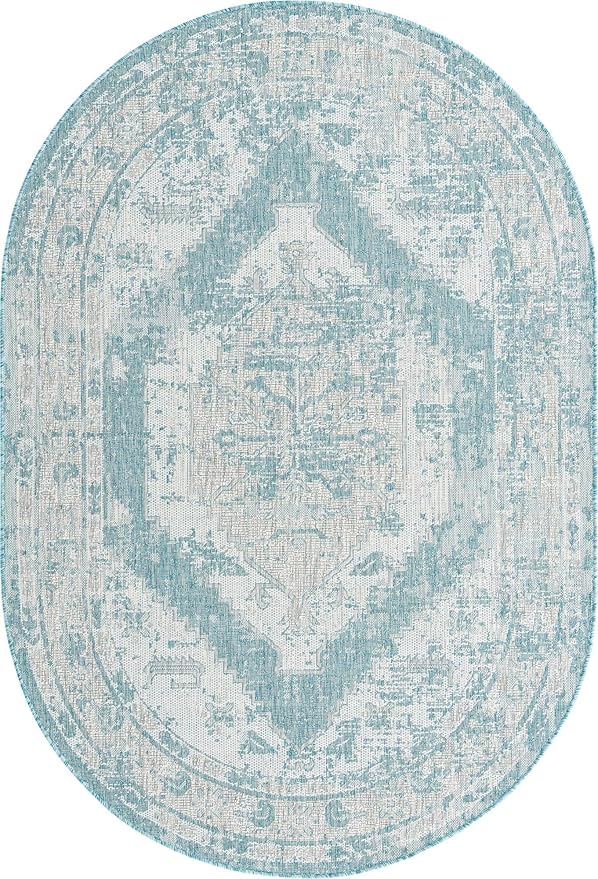 Unique Loom Outdoor Traditional Collection Area Rug - Valeria (5' 3" x 7' 10" Oval, Aqua/ Ivory)