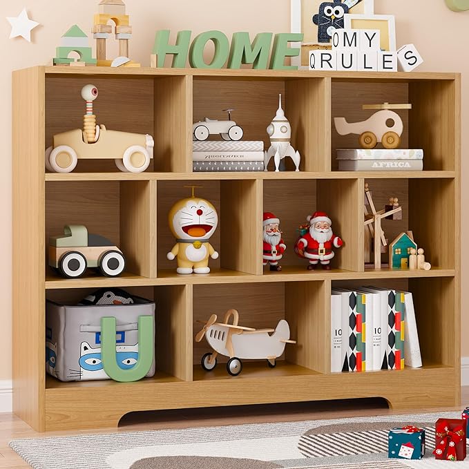 Kids Book Shelf Set of 2, 10 Cubes Storage Organizer Montessori Bookshelf, 3-Tier Wooden Kids Bookcase, Toy Storage Organizer for Children, Wooden Toddler Bookshelf Cube Shelf for Kid’s Room