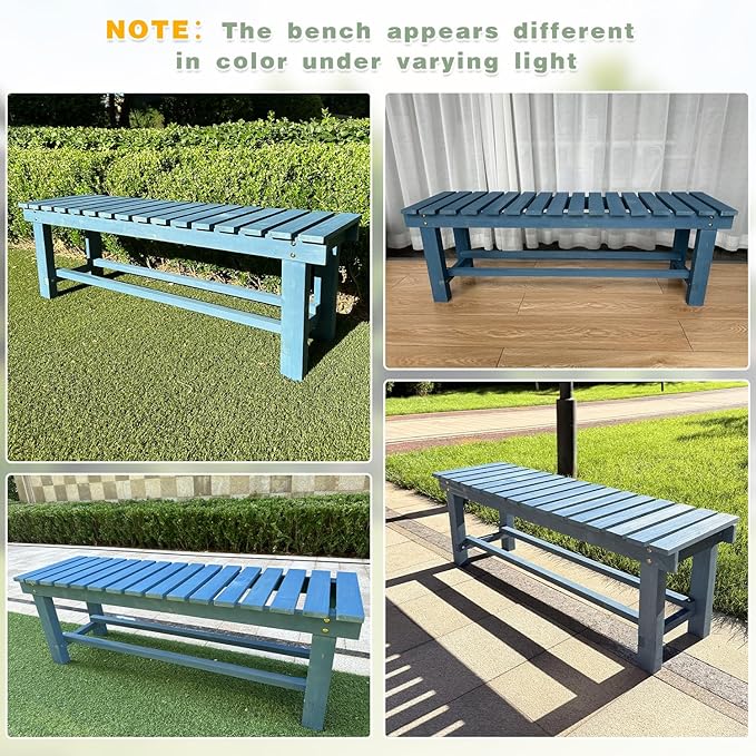 Outdoor Garden Wood Bench, 3-Person Weatherproof Wooden Bench Park Narrow Bench, Never Rot or Fade Waterproof Backless Bench for Entryway, Outdoor, Patio, Porch, Backyard and Park (Blue,47.2''/120cm)