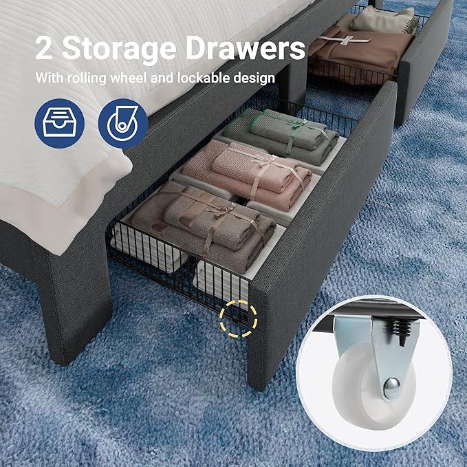 Allewie Vertical Tufted King Size Upholstered Platform Bed Frame with 2-Tier LED Storage Headboard & 2 Storage Drawers, USB & Type-C Charging Ports, Noise-Free/No Box Spring Needed, Dark Grey